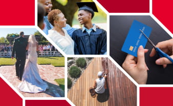 Collage of life's large expenses: wedding, graduation, home improvement, and debt consolidation.